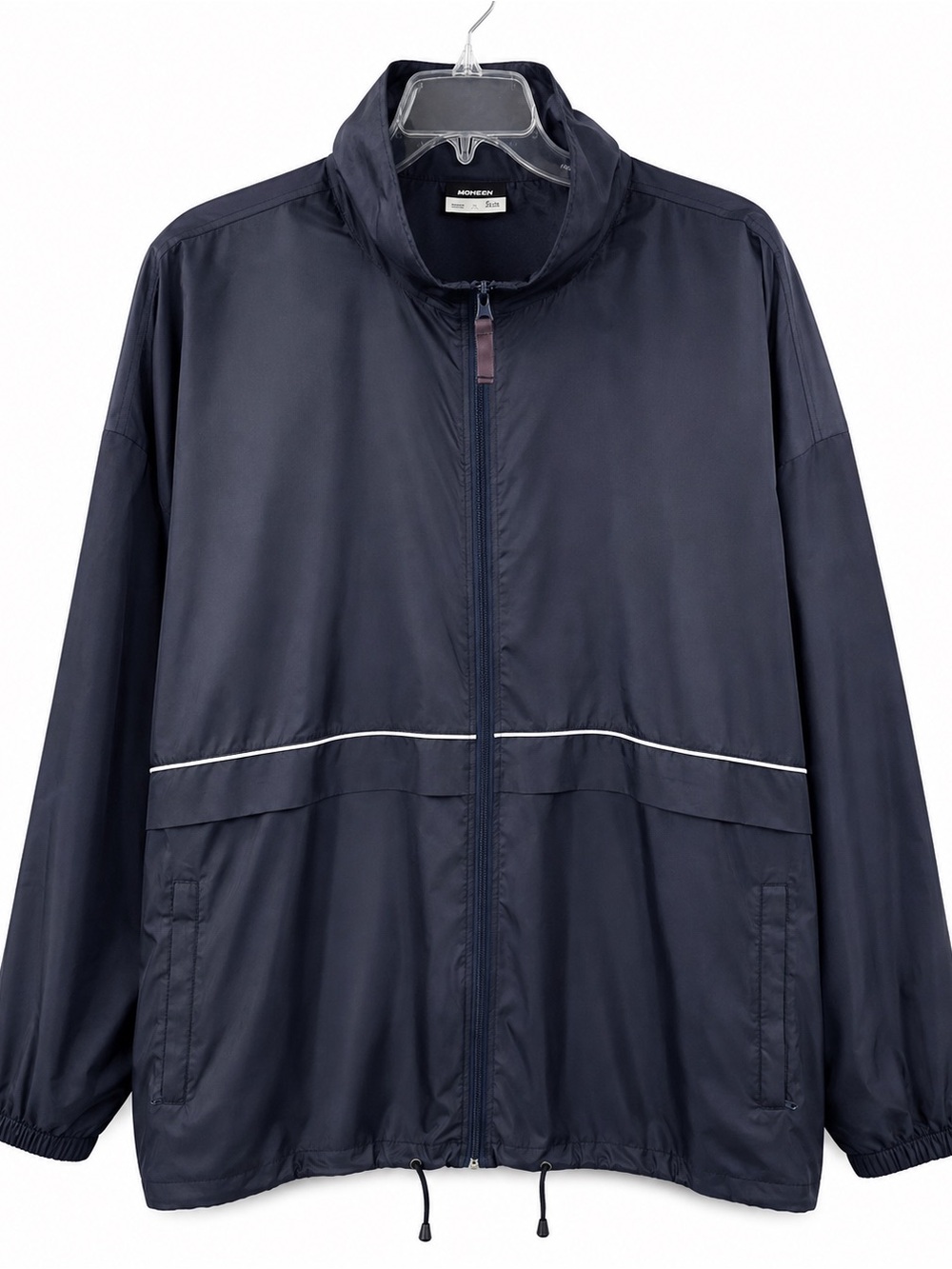 Mens Navy Hooded Packable Windbreaker Jacket - Lightweight Zip Front